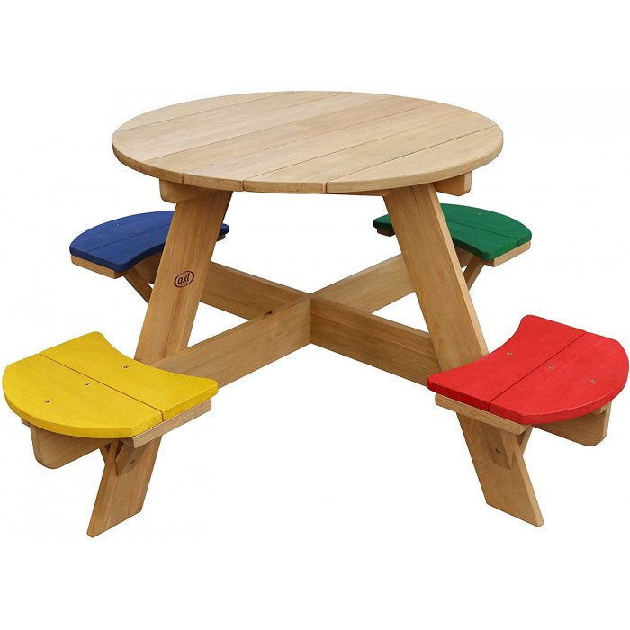 Masuta Gradina Rotunda Maro Natur OZN Masa pentru copii cu 4 locuri din lemn cu scaune colorate pentru Joaca Picnic si Activitati 